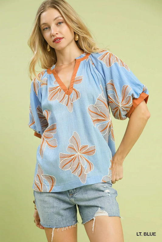 Light Blue flower Embroidered V-Neck Blouse