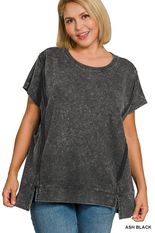 Ash Black French Terry Acid Wash Top- Curvy