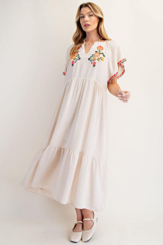 Winged Sleeve Embroidered Midi Dress