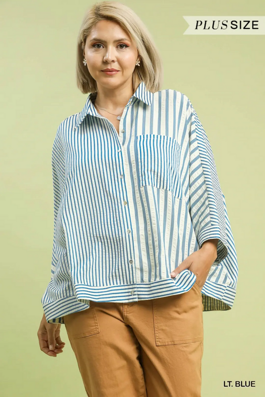 Mixed Stripe Oversized Button Down Top