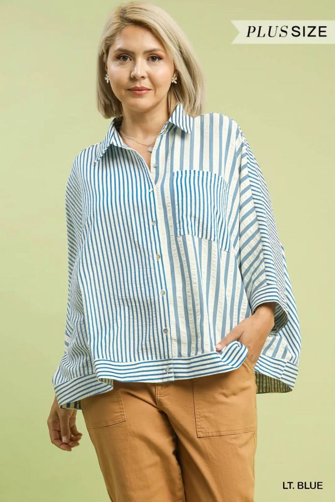 Mixed Stripe Oversized Button Down Top