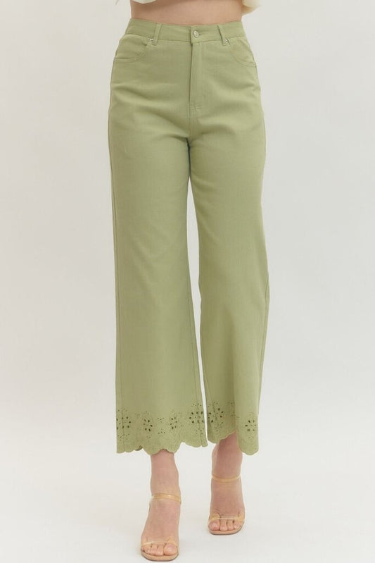 Matcha Ankle Pant with Scalloped Eyelet Trim