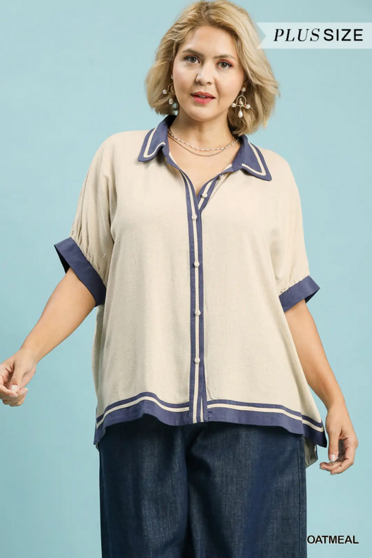 Linen Short Sleeve Button Down Top with Solid Contrast