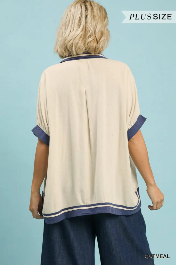 Linen Short Sleeve Button Down Top with Solid Contrast