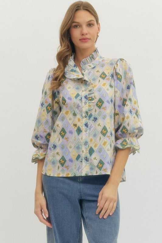 Diamond Print 3/4 Puff Sleeve Top