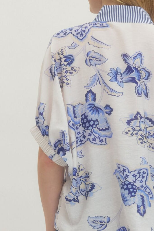 Blue Floral Dolman Top with Contrast Trim