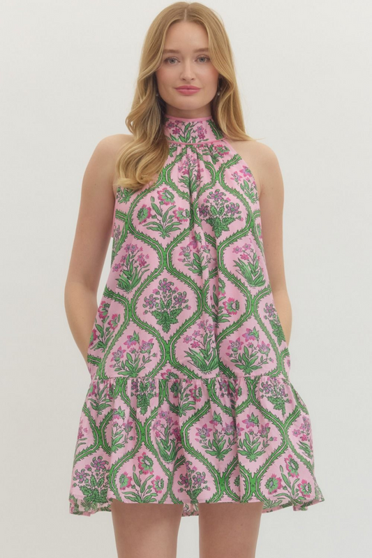 Pink Botanical Halter Dress