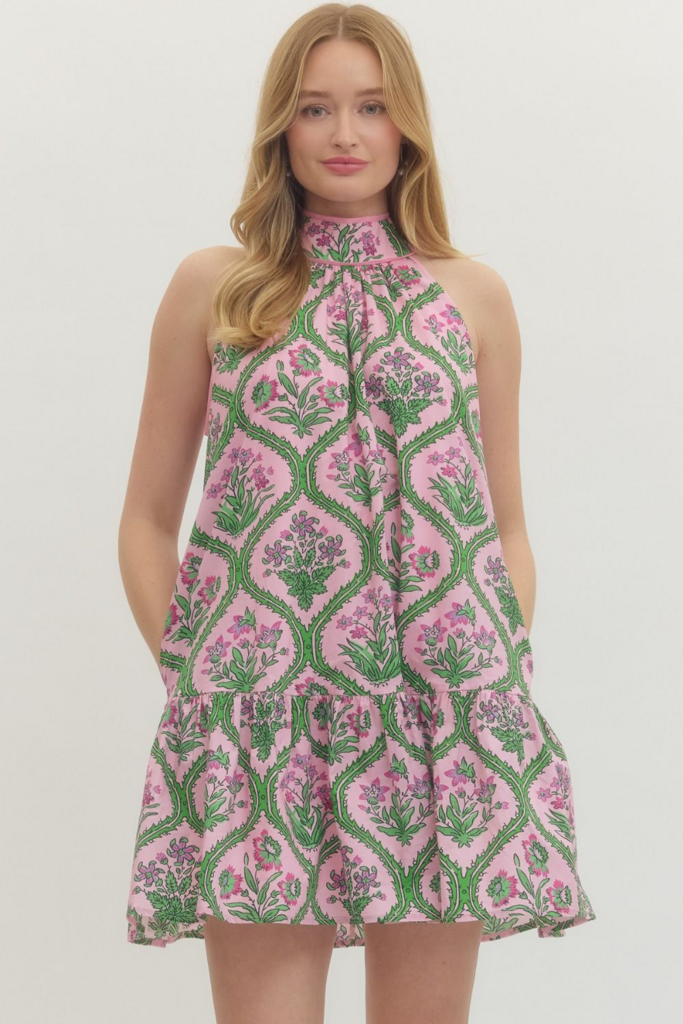 Pink Botanical Halter Dress
