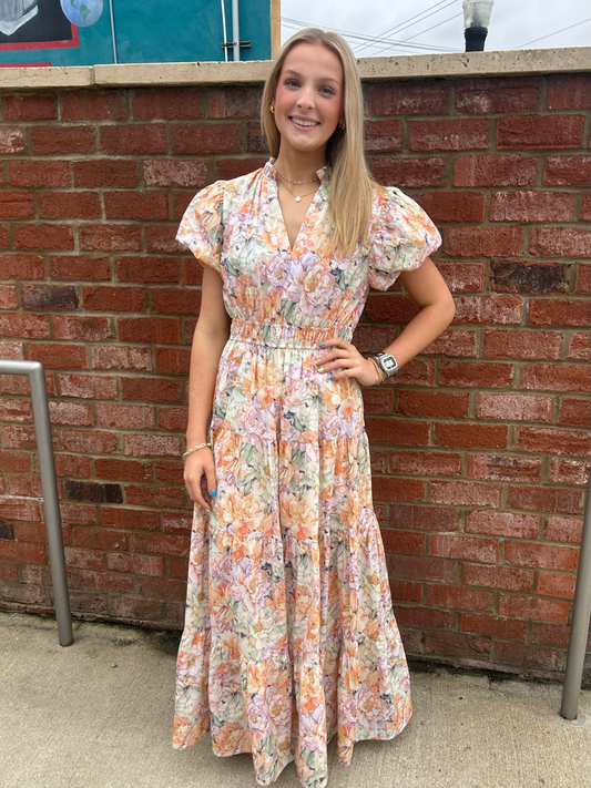 Pastel Floral Tiered V-Neck Dress