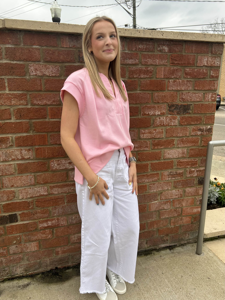 Terry Knit V-Neck Top W/Cap Sleeve