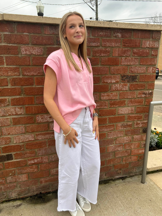 Terry Knit V-Neck Top W/Cap Sleeve