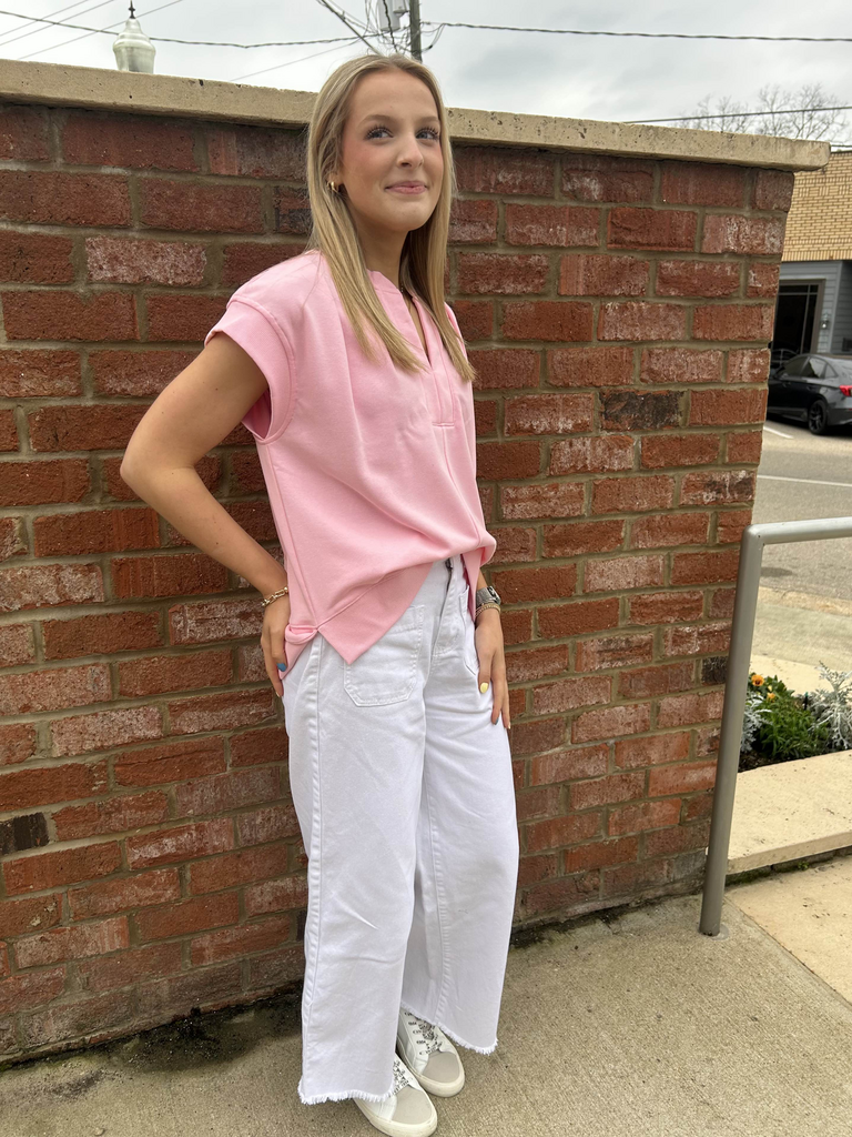 Terry Knit V-Neck Top W/Cap Sleeve