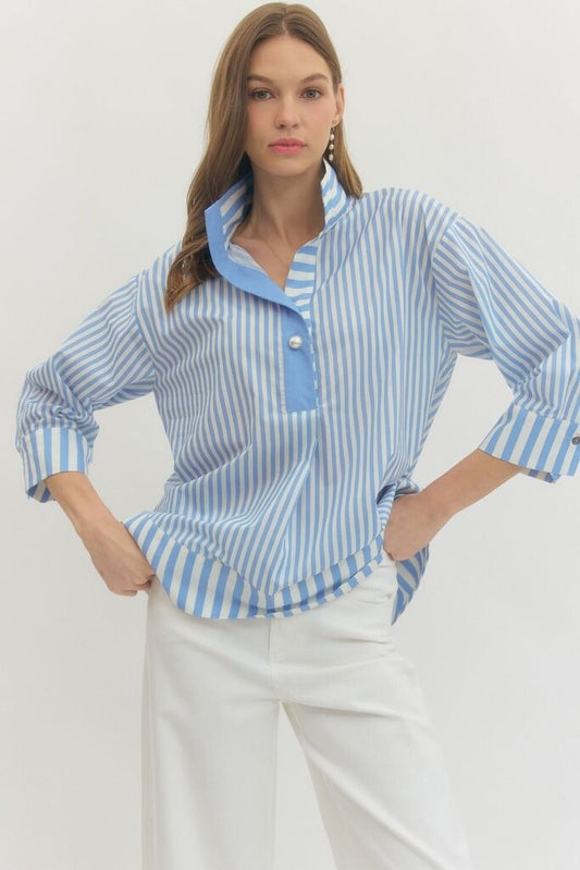 Striped Wide Collar Top w/ Pearl Button Detail