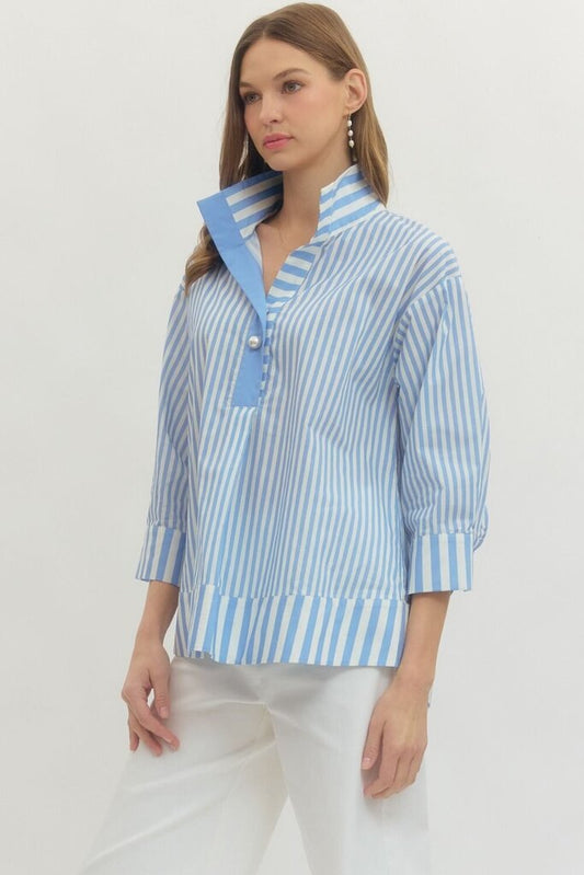 Striped Wide Collar Top w/ Pearl Button Detail