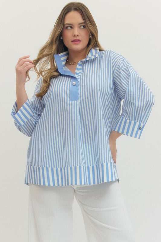 Striped Wide Collar Top w/ Pearl Button Detail Curvy