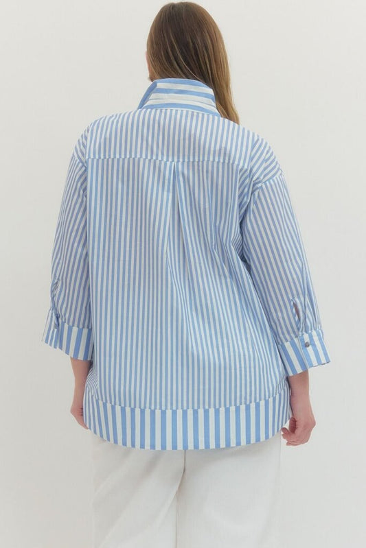 Striped Wide Collar Top w/ Pearl Button Detail Curvy