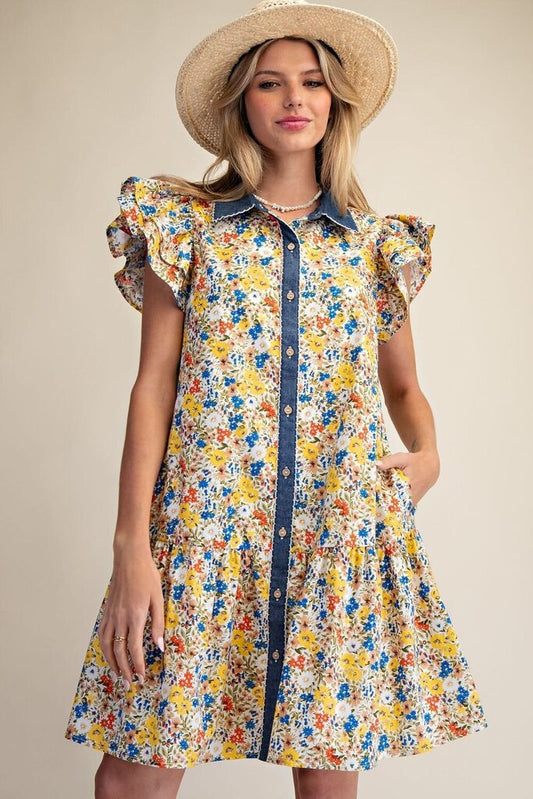 Floral Midi Dress with Denim accent