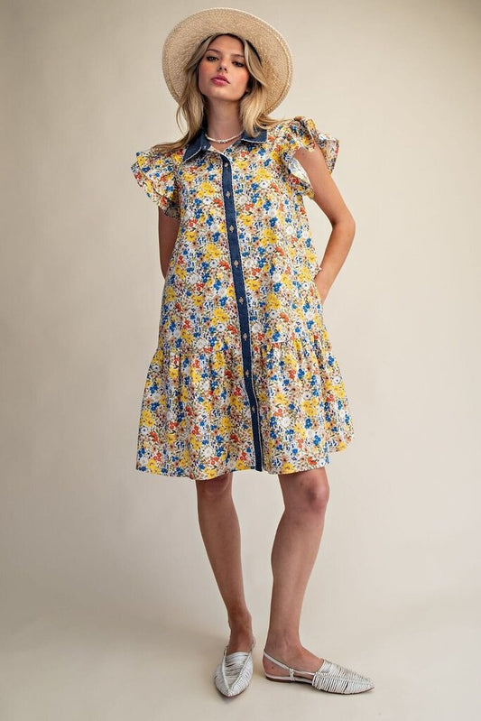 Floral Midi Dress with Denim accent