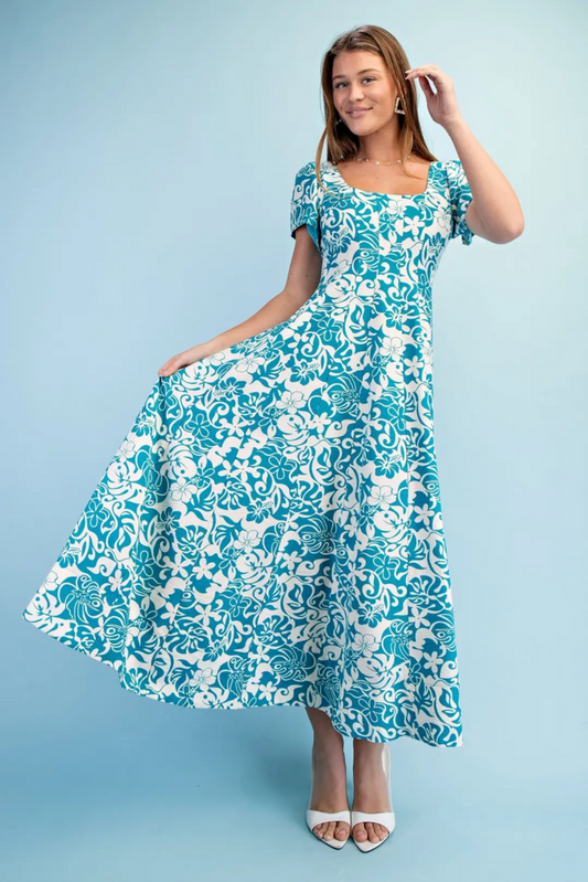 Tropical Print Midi Dress with Short Sleeves/Zipper Back