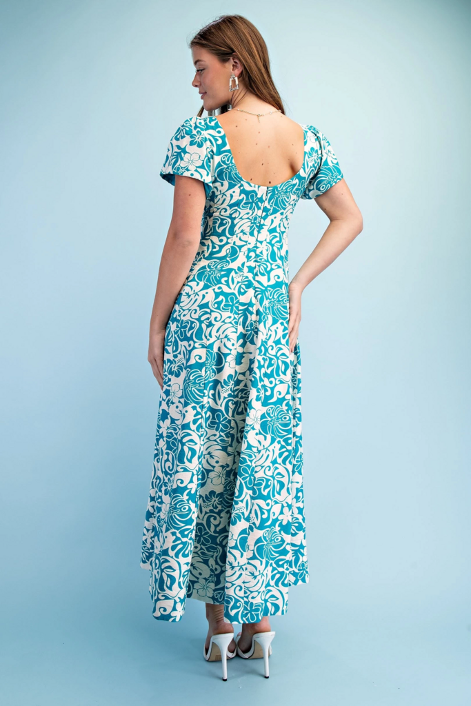 Tropical Print Midi Dress with Short Sleeves/Zipper Back