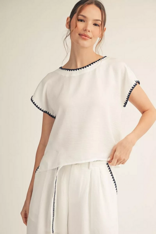 Drop Shoulder Top w/ Scallop Embroidered Edge Detail