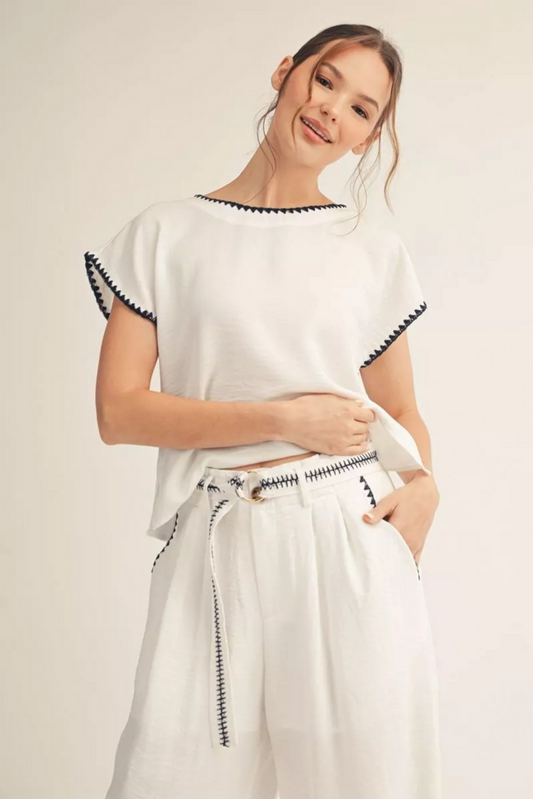 Drop Shoulder Top w/ Scallop Embroidered Edge Detail