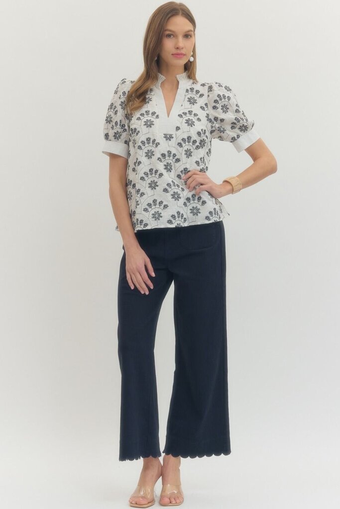 Botanical Print Ruffle Neck Top