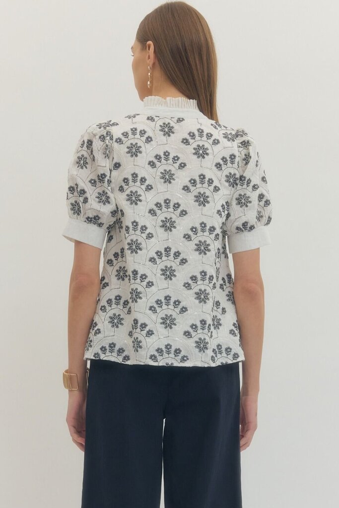 Botanical Print Ruffle Neck Top