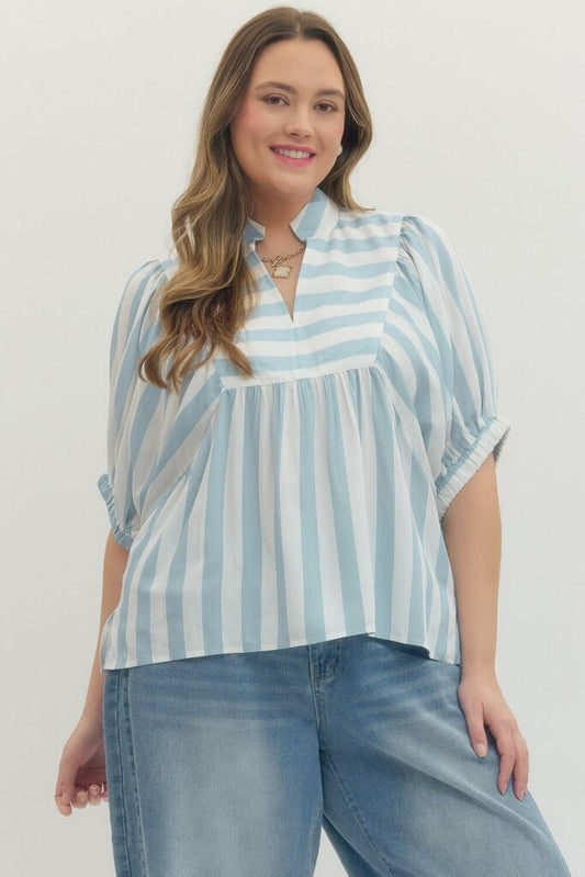 Stripe Batwing Top with V-Neck Detail Curvy