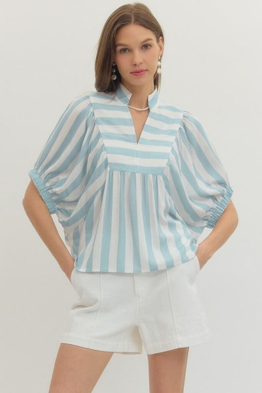 Stripe Batwing Top with V-Neck Detail