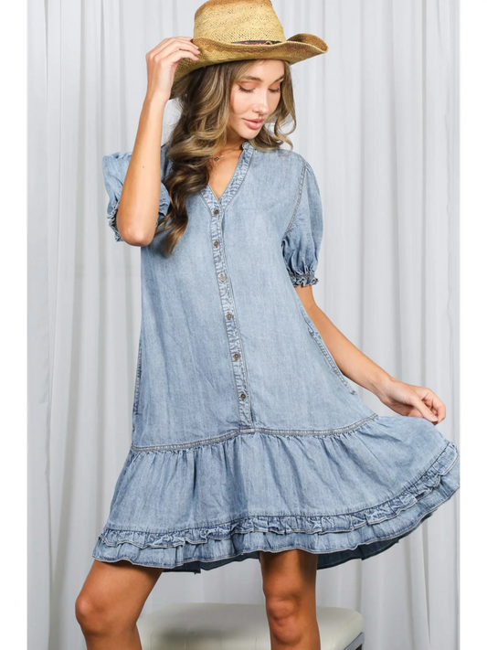 V-Neck Ruffle Hem Chambray Midi Dress