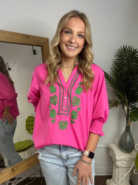 Embroidered V-Neck w/ Ric-Rac Detail