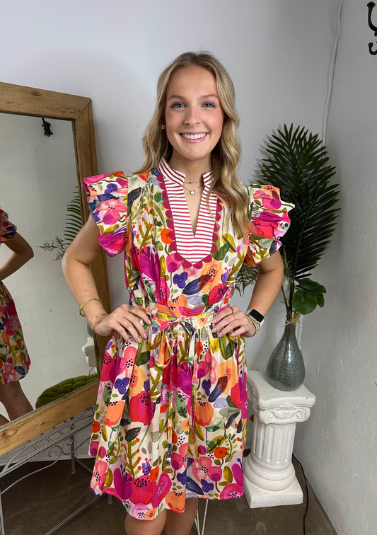 Floral Ruffle Sleeve with stripe accents and waistband