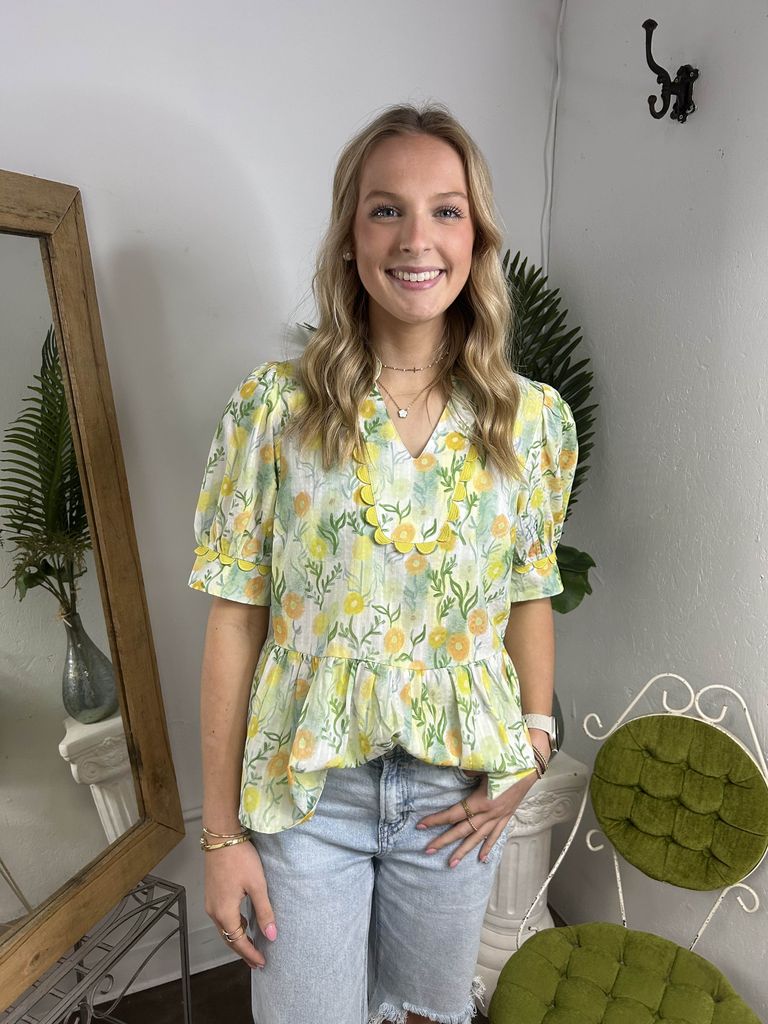 Floral Short Sleeve Top with Trim Details