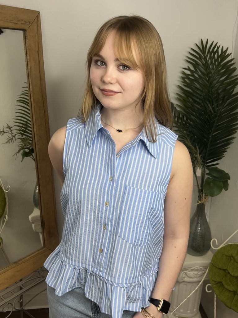 Striped Ruffle Bottom Button Down Top