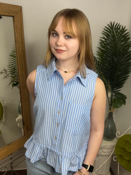 Striped Ruffle Bottom Button Down Top