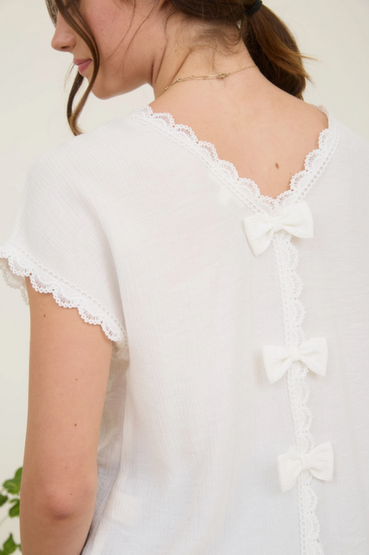 Lace Trim Back Bow Top WHITE