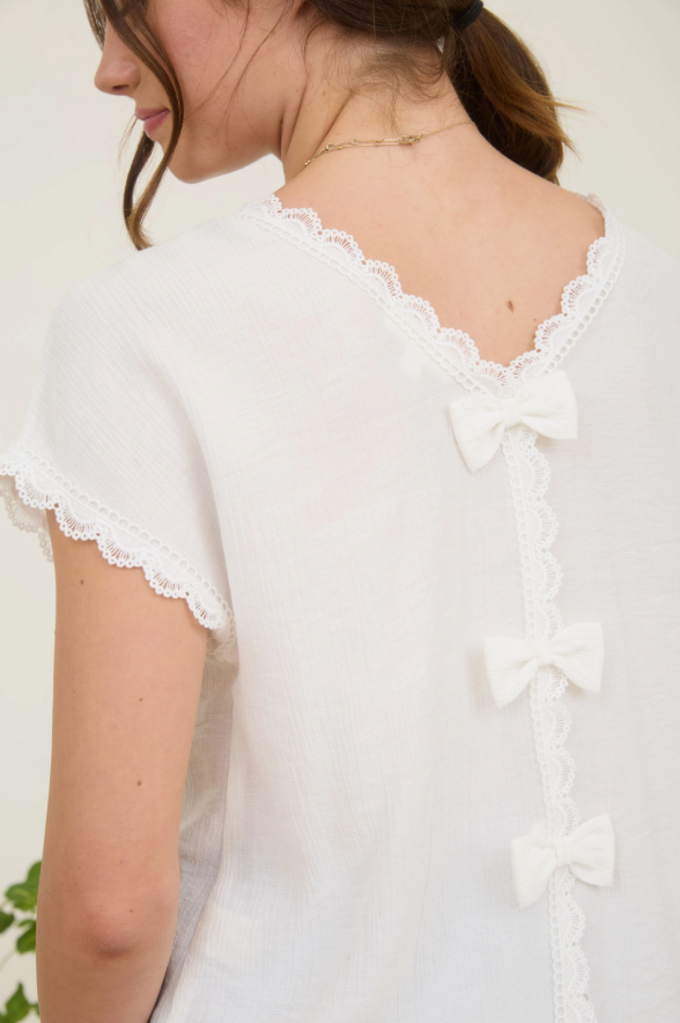 Lace Trim Back Bow Top WHITE