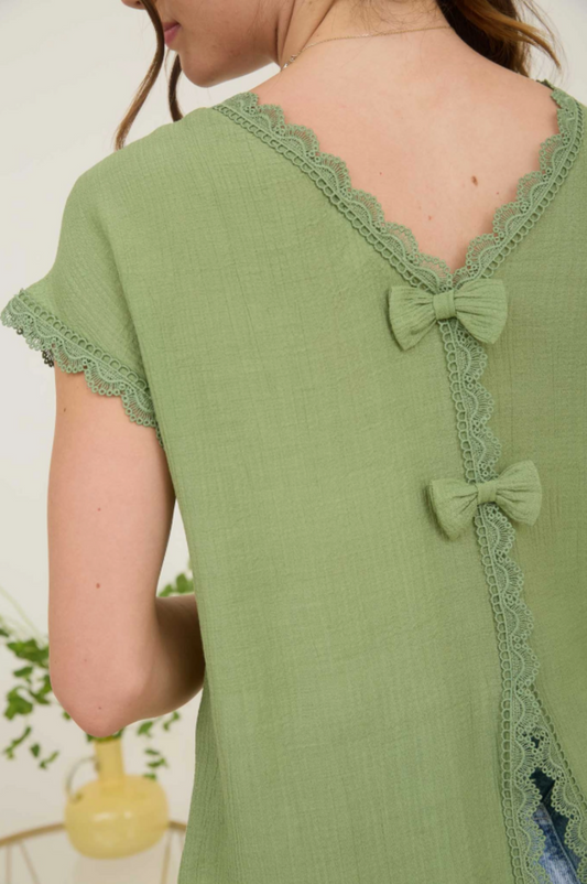 Lace Trim Back Bow Top GREEN