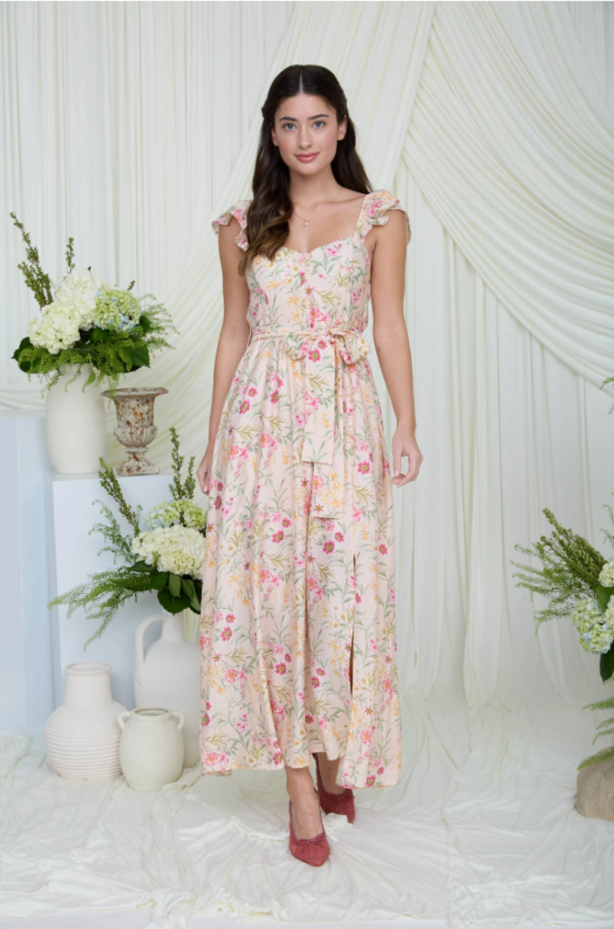 Floral Waist Tie Front Slit Midi Dress