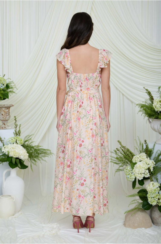 Floral Waist Tie Front Slit Midi Dress