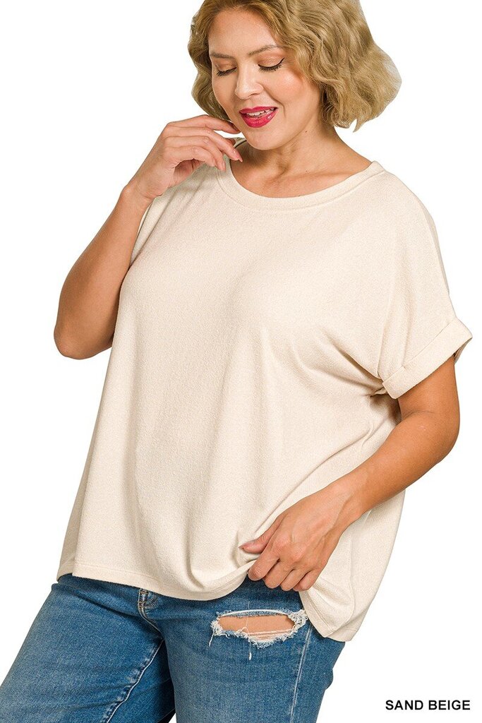 Soft Melange SS Round Neck Top BEIGE- Curvy