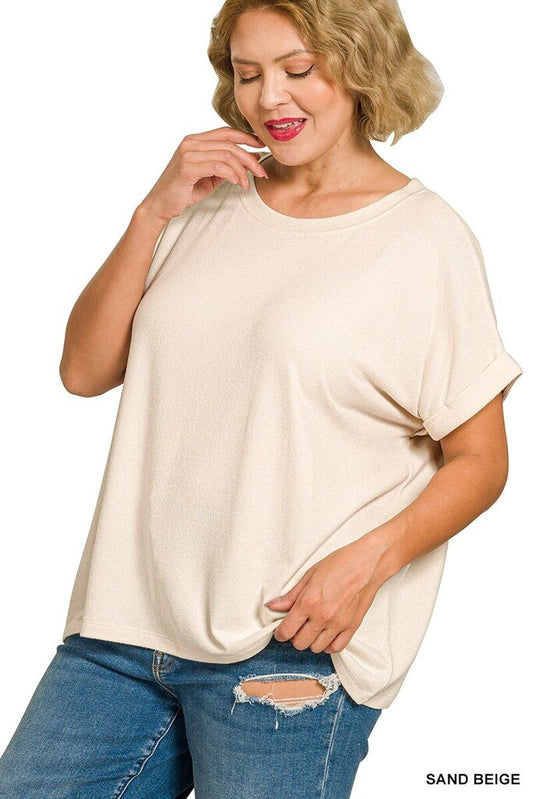 Soft Melange SS Round Neck Top BEIGE- Curvy