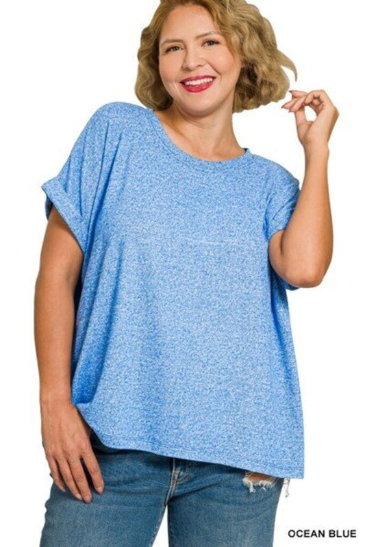 Soft Melange SS Round Neck Top BLUE- Curvy