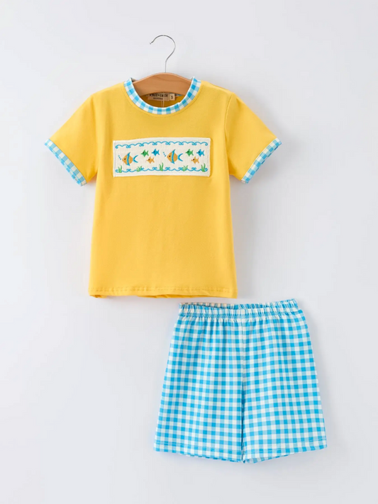 Fish Embroidered Smocking Plaid Boy's Set