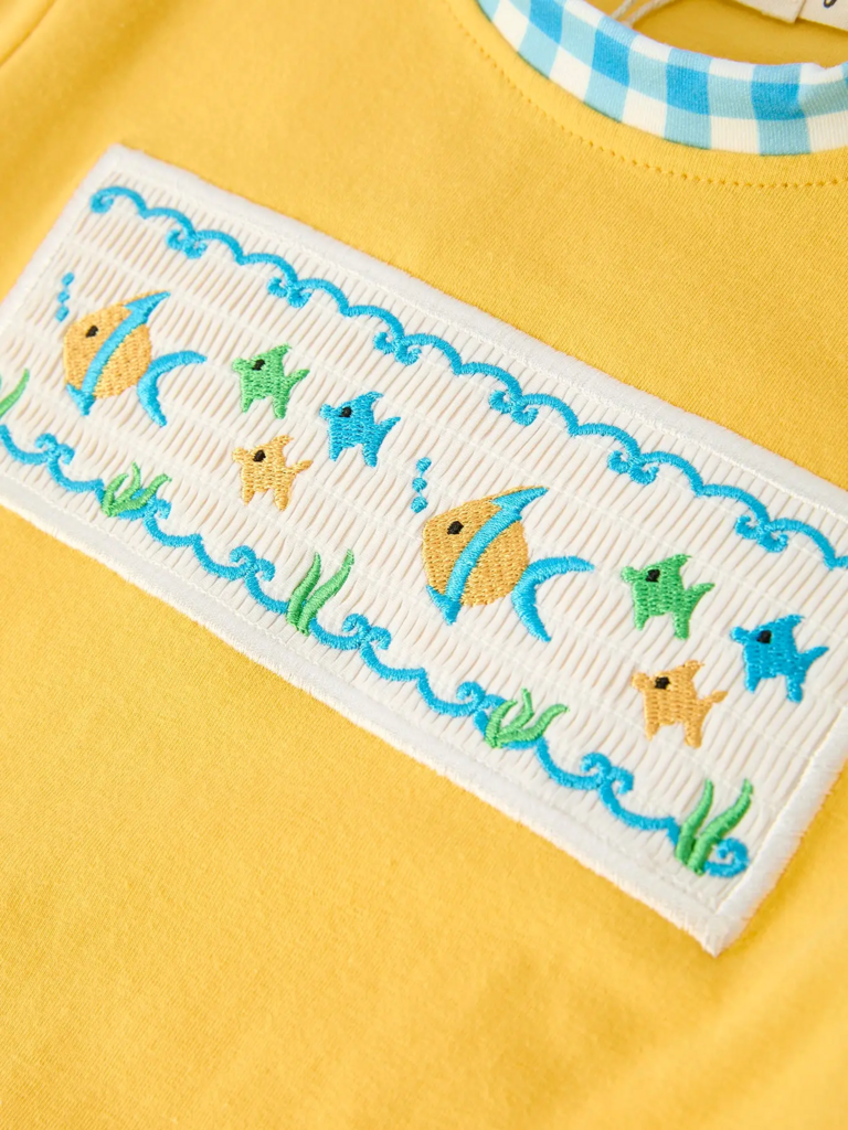 Fish Embroidered Smocking Plaid Boy's Set