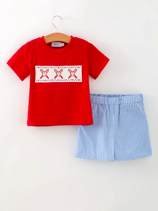 Red Baseball Smocked Tee & Plaid Shorts Set