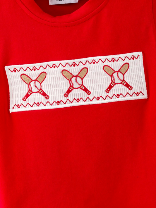 Red Baseball Smocked Tee & Plaid Shorts Set