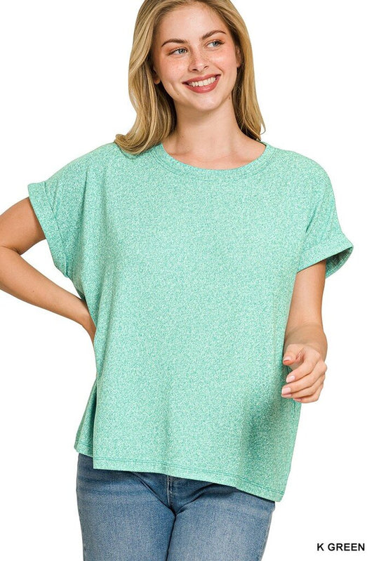 Soft Melange SS Round Neck Top GREEN- curvy