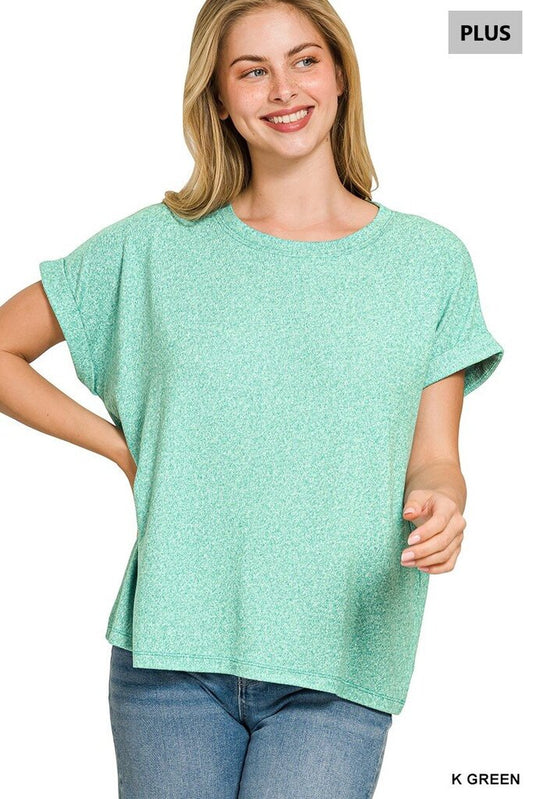 Soft Melange SS Round Neck Top GREEN- curvy